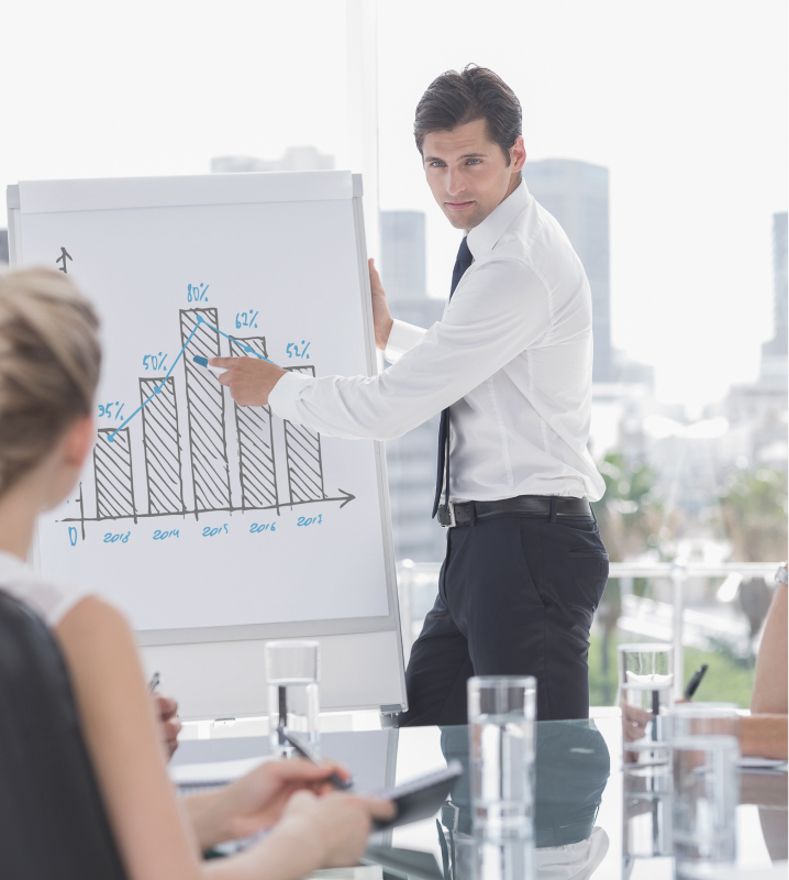 Business professional in a white shirt and tie presenting a bar chart on a flipchart to colleagues in a modern office setting with large windows and a cityscape in the background.